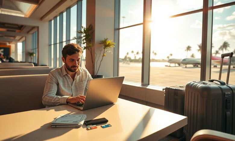 Milhas Nômades: Como Usar Milhas Aéreas para Viajar o Mundo Trabalhando Remotamente - Web Nômade Digital Nômade digital trabalhando remoto em aeroporto usando milhas