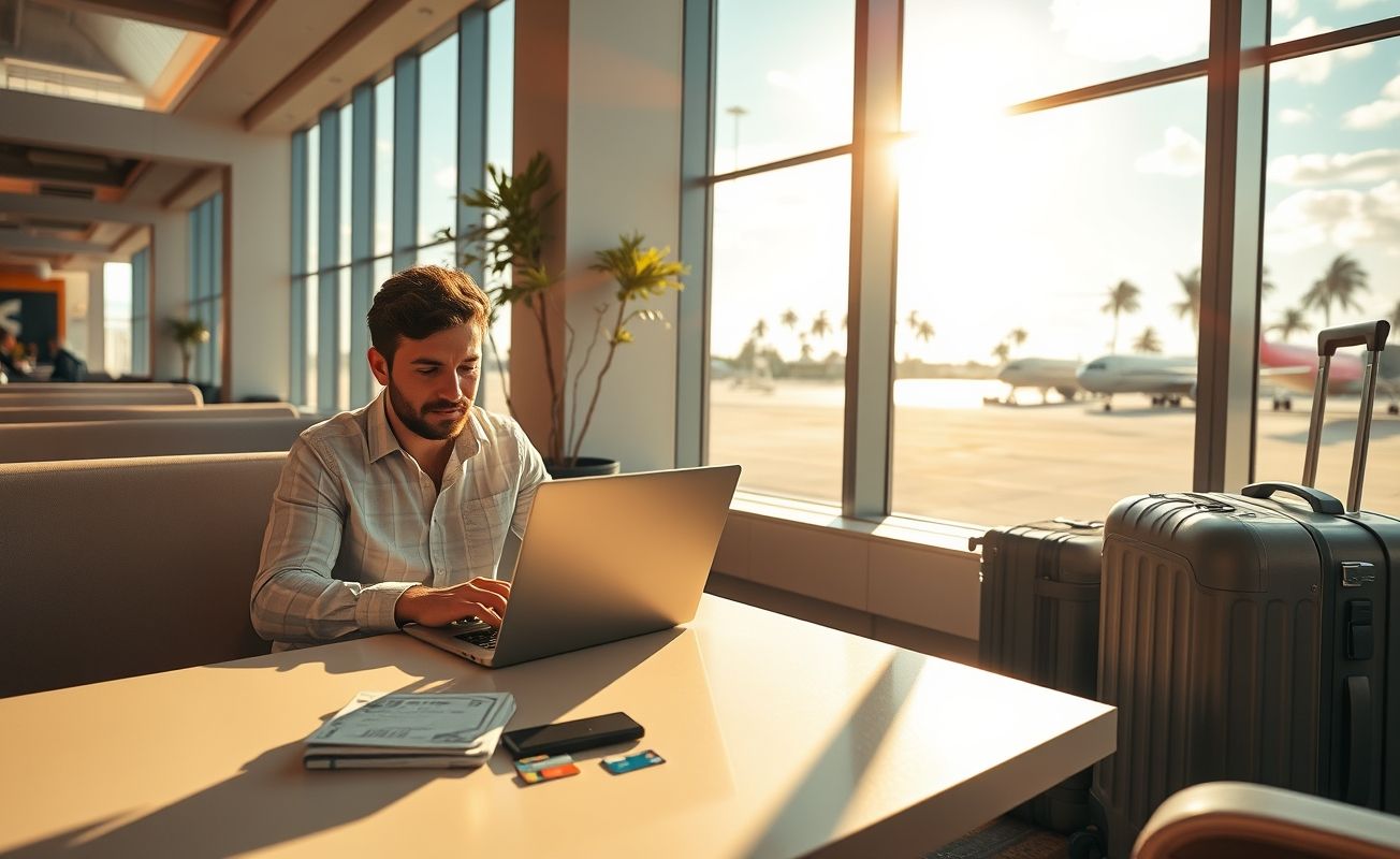 Nômade digital trabalhando remoto em aeroporto usando milhas