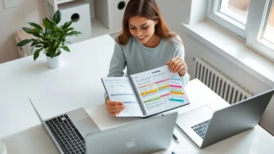 Imagem de um freelancer satisfeito em um espaço de trabalho limpo e organizado.