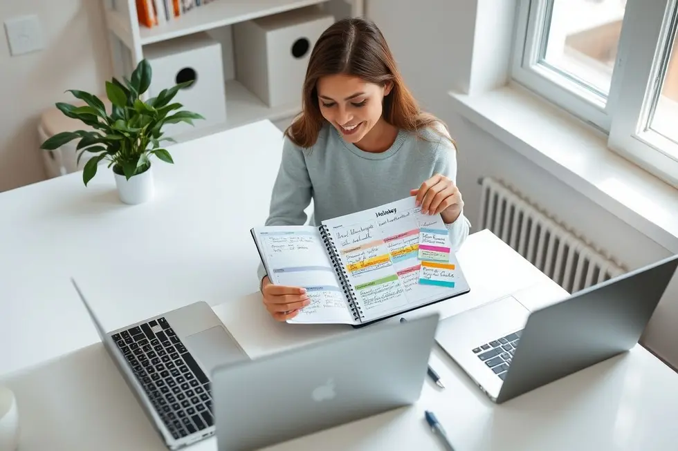 Imagem de um freelancer satisfeito em um espaço de trabalho limpo e organizado.