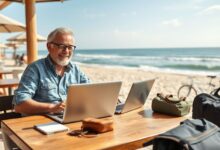 Nômades digitais 50+ trabalhando remotamente em viagem