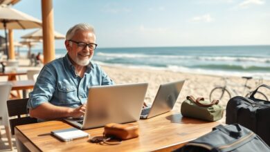 Nômades digitais 50+ trabalhando remotamente em viagem