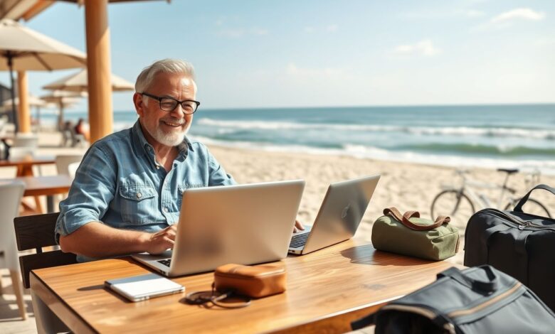 Nômades digitais 50+ trabalhando remotamente em viagem