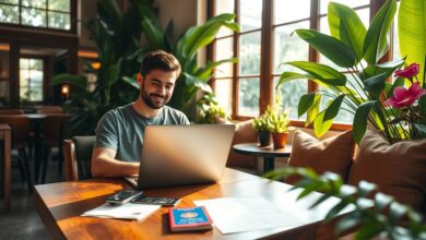 Nômade digital trabalhando remotamente em viagem
