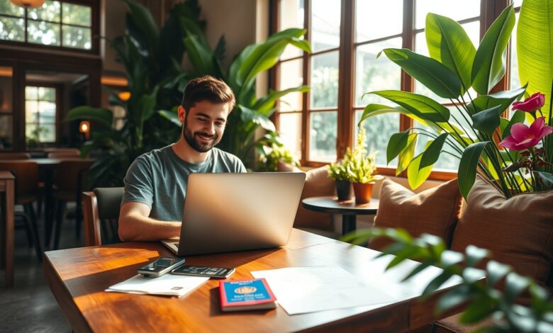Nômade digital trabalhando remotamente em viagem