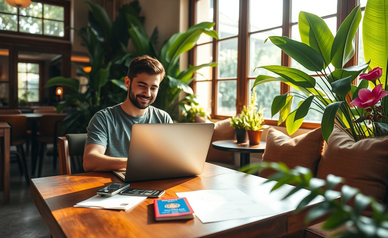 Nômade digital trabalhando remotamente em viagem