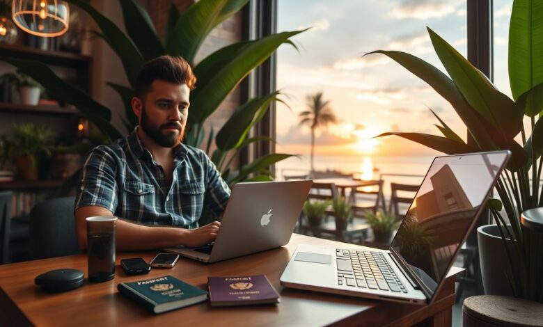 Nômade digital trabalhando remotamente em país estrangeiro