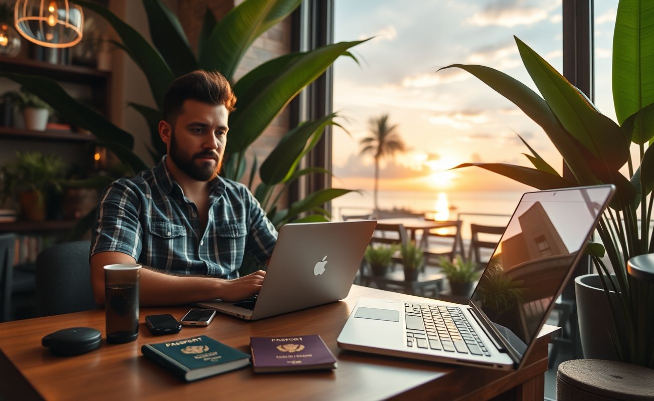 Nômade digital trabalhando remotamente em país estrangeiro
