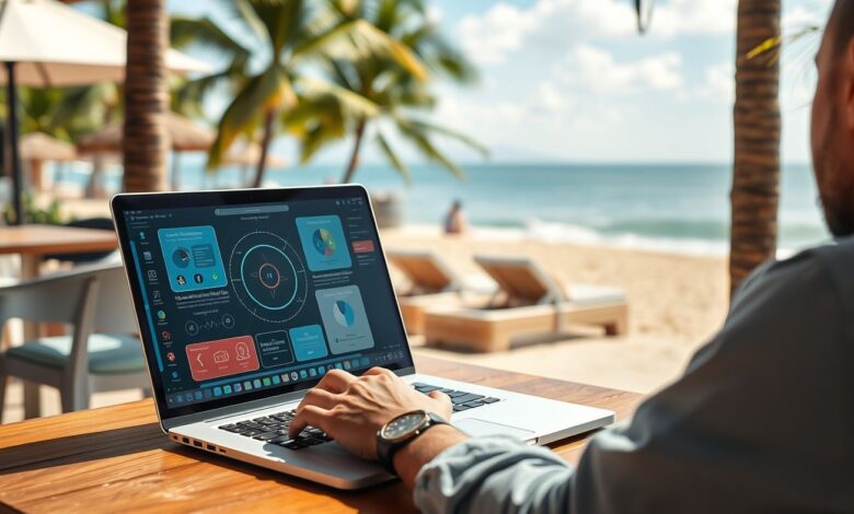 Trabalhar com IA Sendo Nômade: O Futuro do Nomadismo Digital - Web Nômade Digital Nômade digital trabalhando com IA em laptop