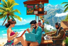 Nômades digitais de diversas nacionalidades trabalhando em ambientes diversos.