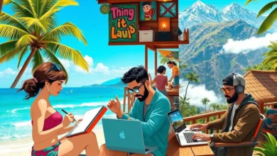 Nômades digitais de diversas nacionalidades trabalhando em ambientes diversos.
