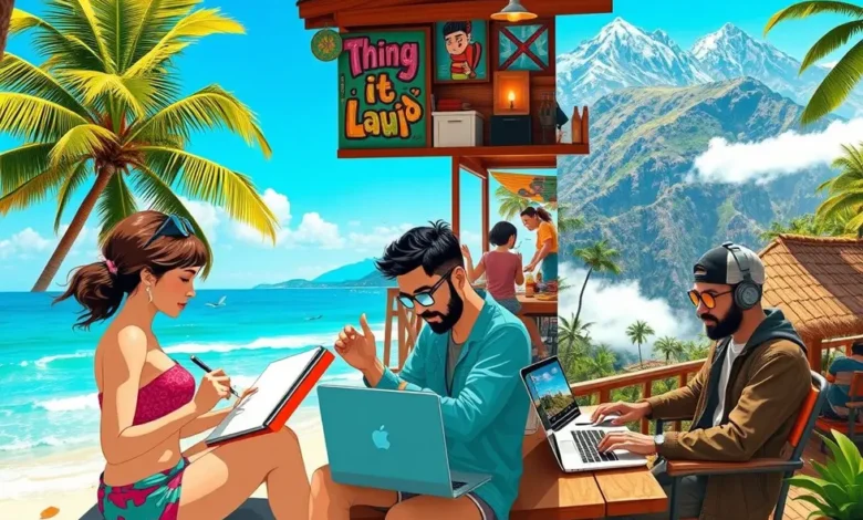 Nômades digitais de diversas nacionalidades trabalhando em ambientes diversos.