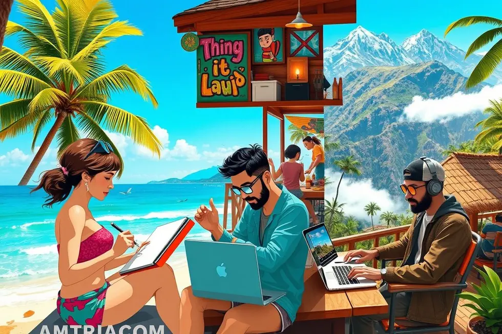 Nômades digitais de diversas nacionalidades trabalhando em ambientes diversos.