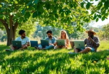 Grupo de nômades digitais envolvidos em trabalho sustentável