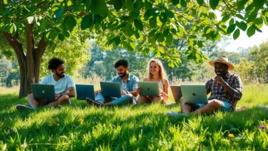 Grupo de nômades digitais envolvidos em trabalho sustentável