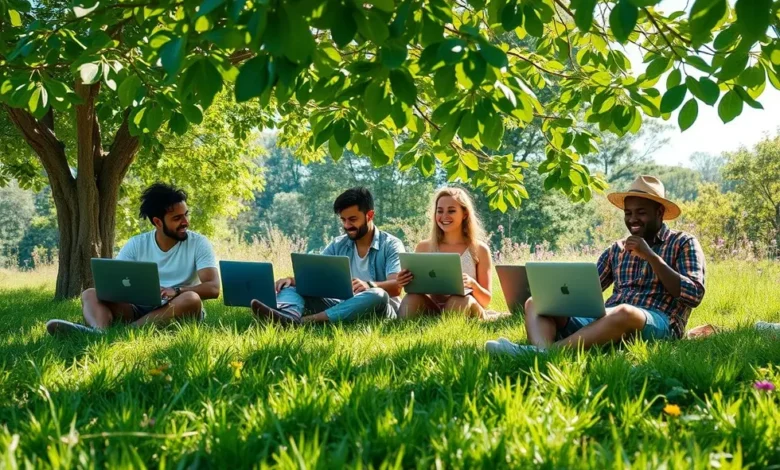 Grupo de nômades digitais envolvidos em trabalho sustentável