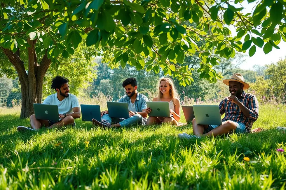 Grupo de nômades digitais envolvidos em trabalho sustentável