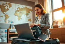 Um empreendedor se preparando para viajar e iniciar seu negócio online.
