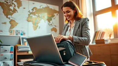 Um empreendedor se preparando para viajar e iniciar seu negócio online.