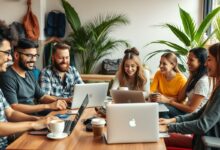 Nômades digitais socializando em ambiente de trabalho remoto