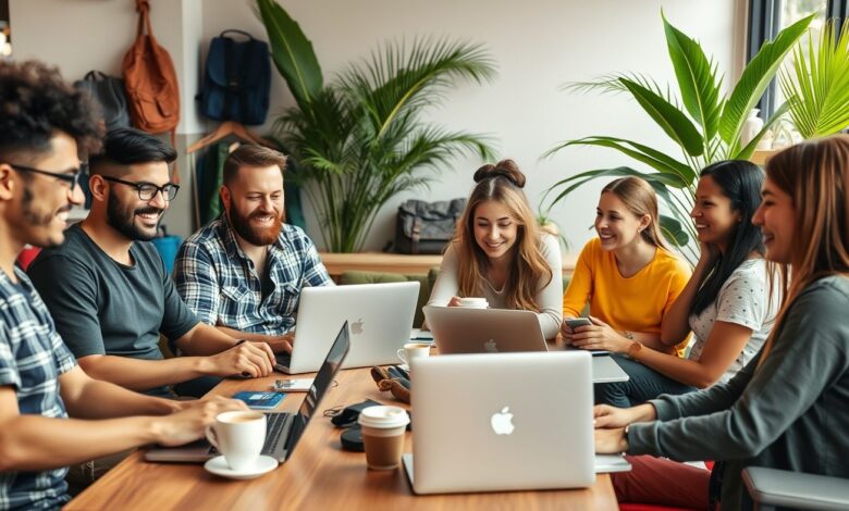 Nômades digitais socializando em ambiente de trabalho remoto