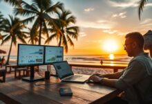 Nômade digital gerenciando renda múltipla em viagem