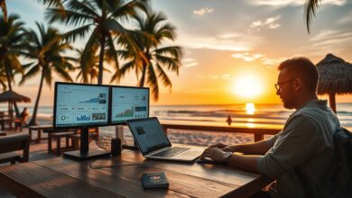 Nômade digital gerenciando renda múltipla em viagem