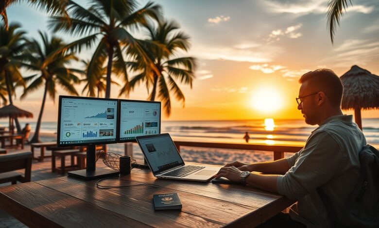 Renda Múltipla Nômades: Como Montar Renda em 3 Fontes Diferentes - Web Nômade Digital Nômade digital gerenciando renda múltipla em viagem