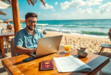 Nômade digital trabalhando com laptop em praia