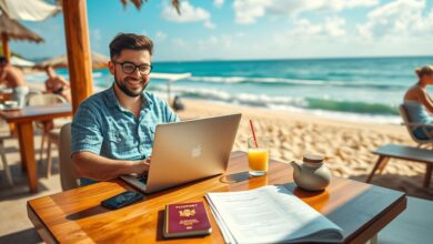 Nômade digital trabalhando com laptop em praia
