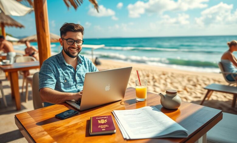 Nômade digital trabalhando com laptop em praia