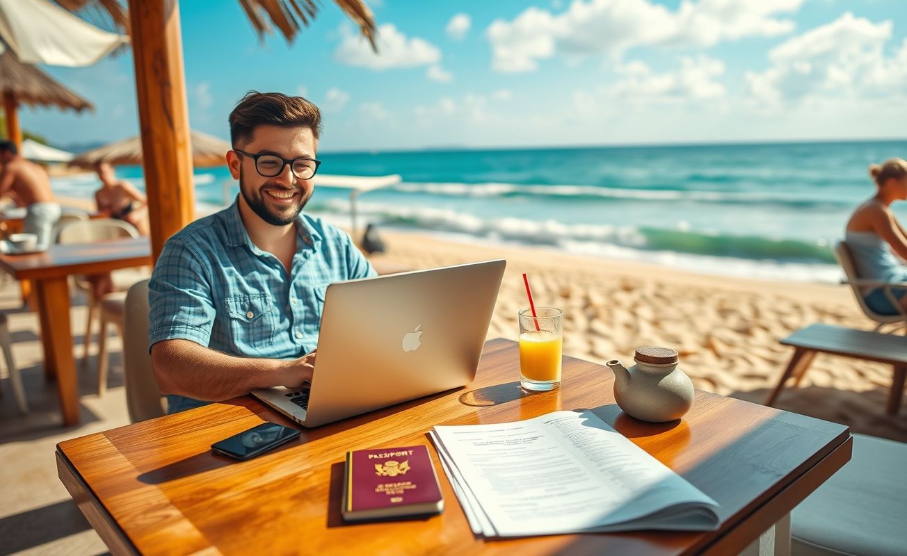Nômade digital trabalhando com laptop em praia