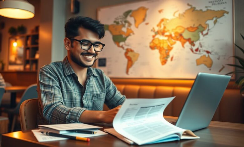Saúde Internacional para Nômades Digitais: Como Garantir Atendimento de Qualidade em Qualquer Lugar - Web Nômade Digital Nômade digital com documentos de seguro saúde internacional