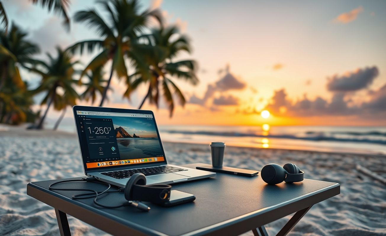 Setup nômade digital à beira-mar