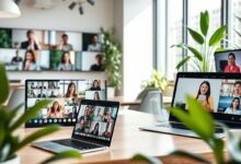 Equipe trabalhando remotamente com tecnologia