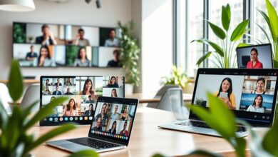 Equipe trabalhando remotamente com tecnologia