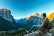 Vista panorâmica de um nômade digital trabalhando em uma paisagem montanhosa.