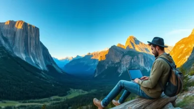 Vista panorâmica de um nômade digital trabalhando em uma paisagem montanhosa.