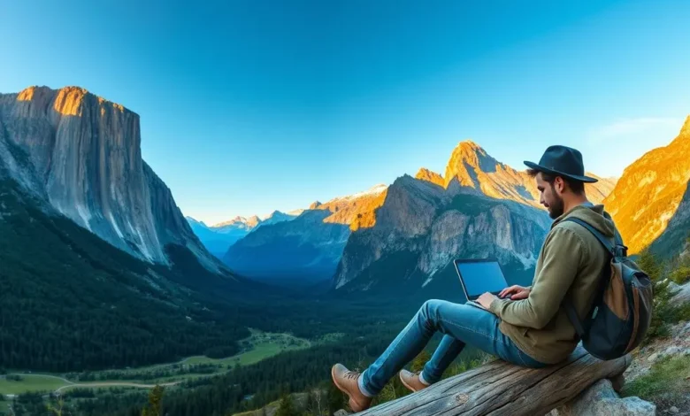 Vista panorâmica de um nômade digital trabalhando em uma paisagem montanhosa.