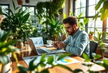 Espaço de trabalho digital onde um empreendedor está desenvolvendo ideias para um negócio sustentável.