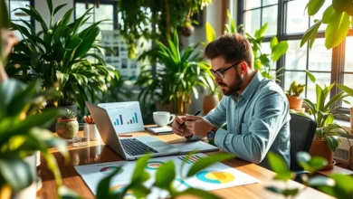 Espaço de trabalho digital onde um empreendedor está desenvolvendo ideias para um negócio sustentável.