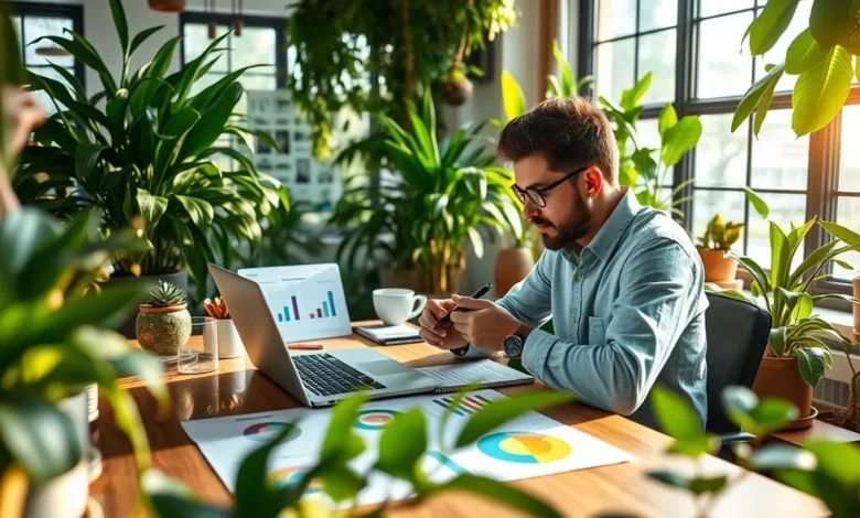 7 Estratégias Para Escalar Um Negócio Digital Com Sustentabilidade - Web Nômade Digital Espaço de trabalho digital onde um empreendedor está desenvolvendo ideias para um negócio sustentável.