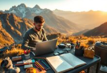 Artista nômade digital trabalhando remotamente em paisagem natural inspiradora