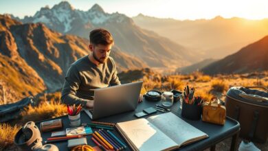 Artista nômade digital trabalhando remotamente em paisagem natural inspiradora