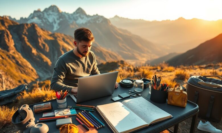 Artista nômade digital trabalhando remotamente em paisagem natural inspiradora