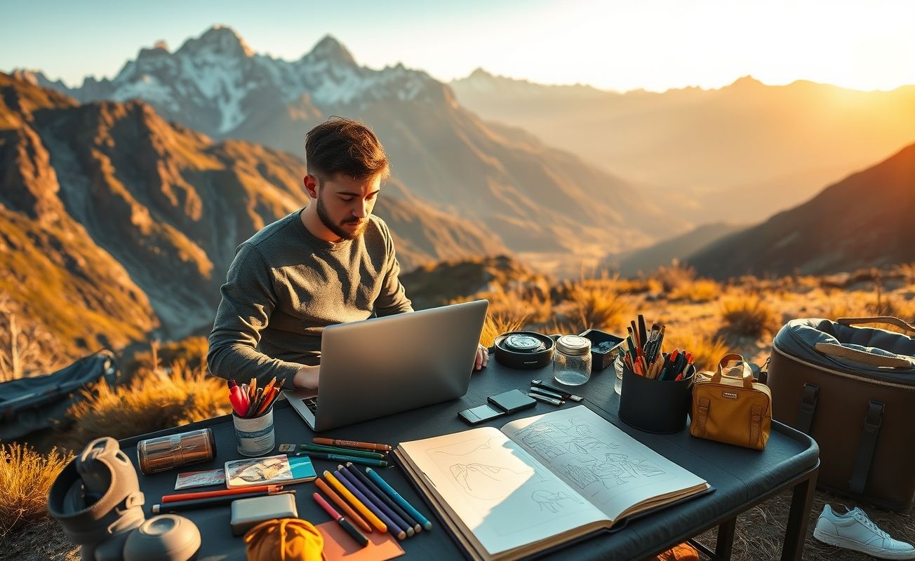 Artista nômade digital trabalhando remotamente em paisagem natural inspiradora