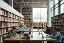 Nômades digitais trabalhando em biblioteca moderna