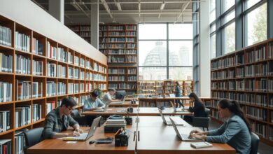 Nômades digitais trabalhando em biblioteca moderna