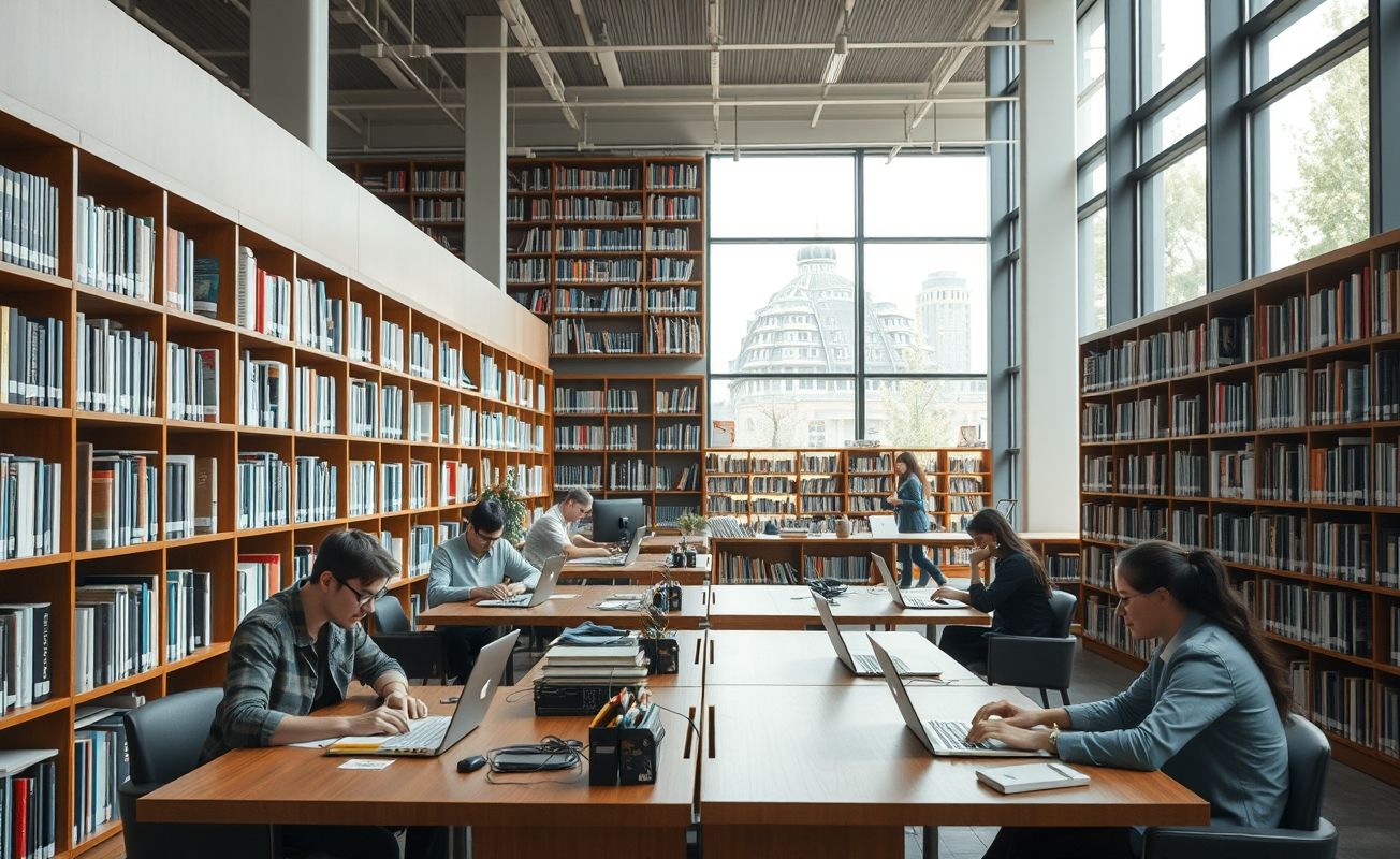 Nômades digitais trabalhando em biblioteca moderna
