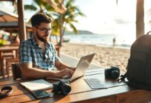 Nômade digital trabalhando em laptop em viagem
